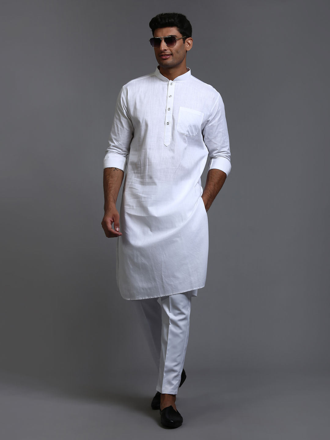 VASTRAMAY Men's White Cotton Blend Pathani Kurta with Pant Set