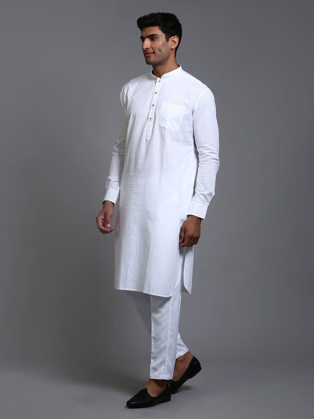 VASTRAMAY Men's White Cotton Blend Pathani Kurta with Pant Set