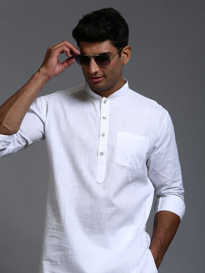 VASTRAMAY Men's White Cotton Blend Pathani Kurta with Pant Set