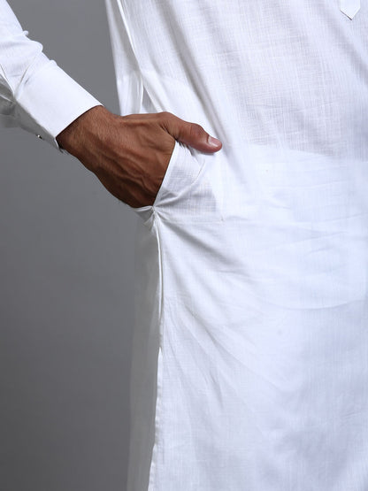 VASTRAMAY Men's White Cotton Blend Pathani Kurta with Pant Set