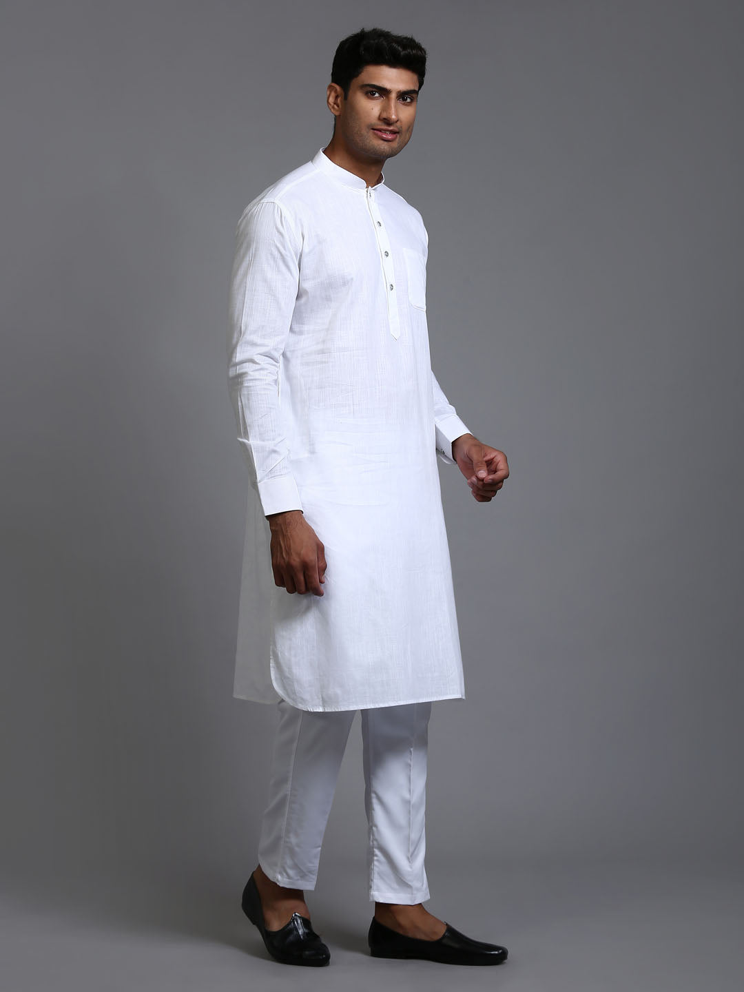 VASTRAMAY Men's White Cotton Blend Pathani Kurta with Pant Set