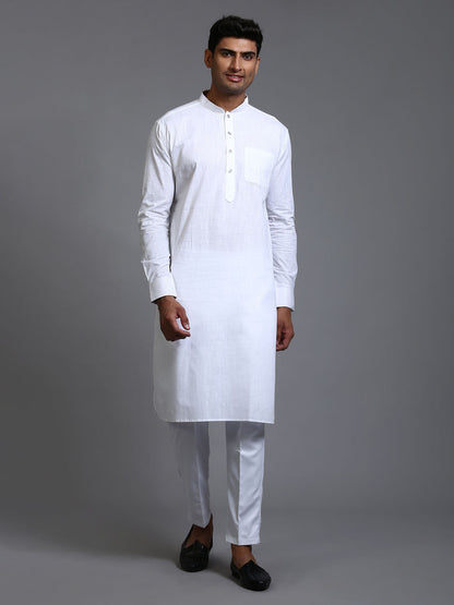 VASTRAMAY Men's White Cotton Blend Pathani Kurta with Pant Set