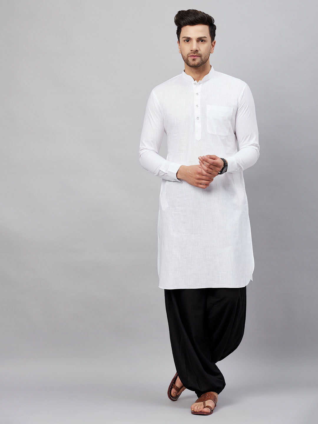 Vastramay Men's White Cotton Blend Pathani Suit Set