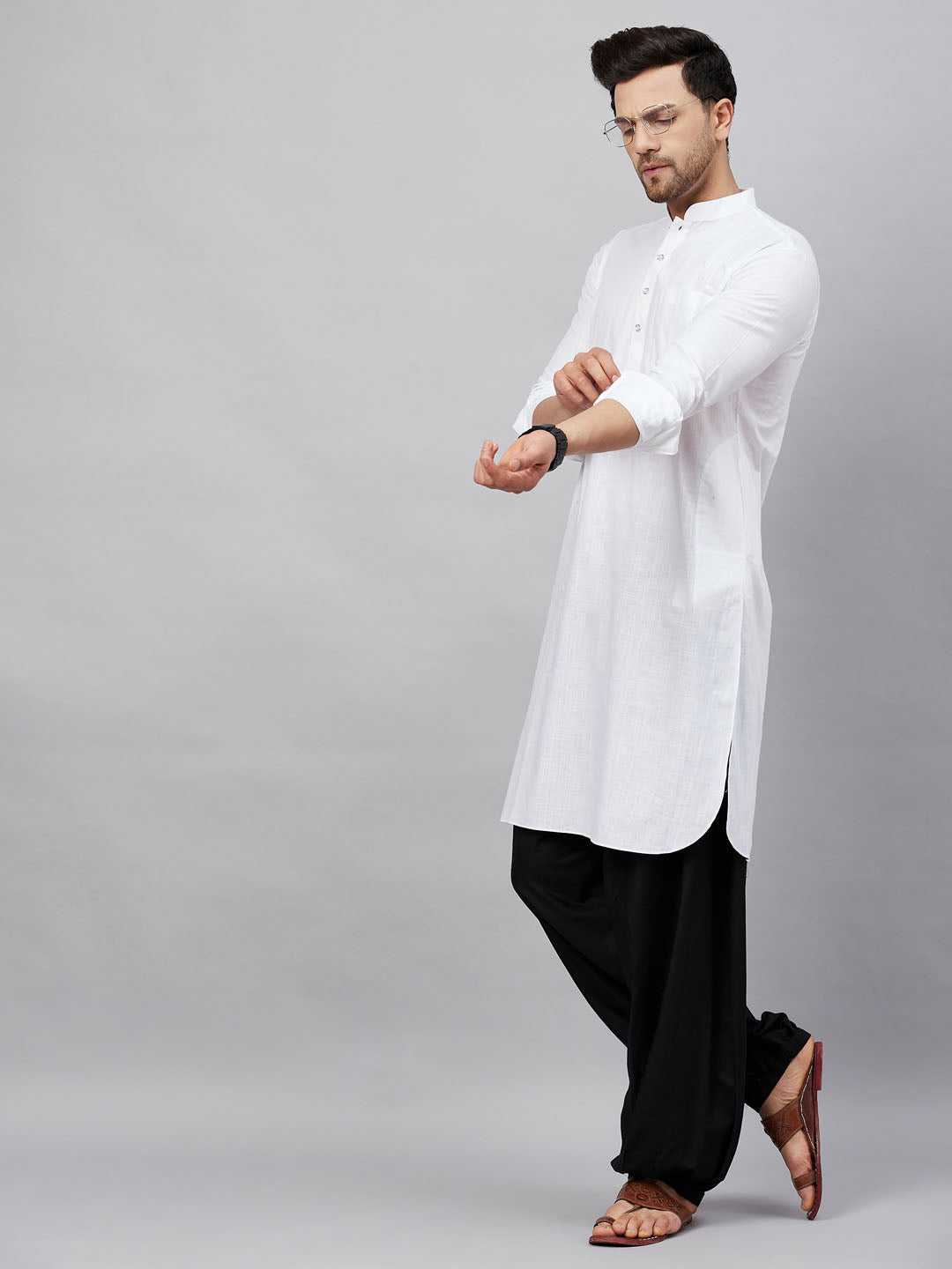 Vastramay Men's White Cotton Blend Pathani Suit Set