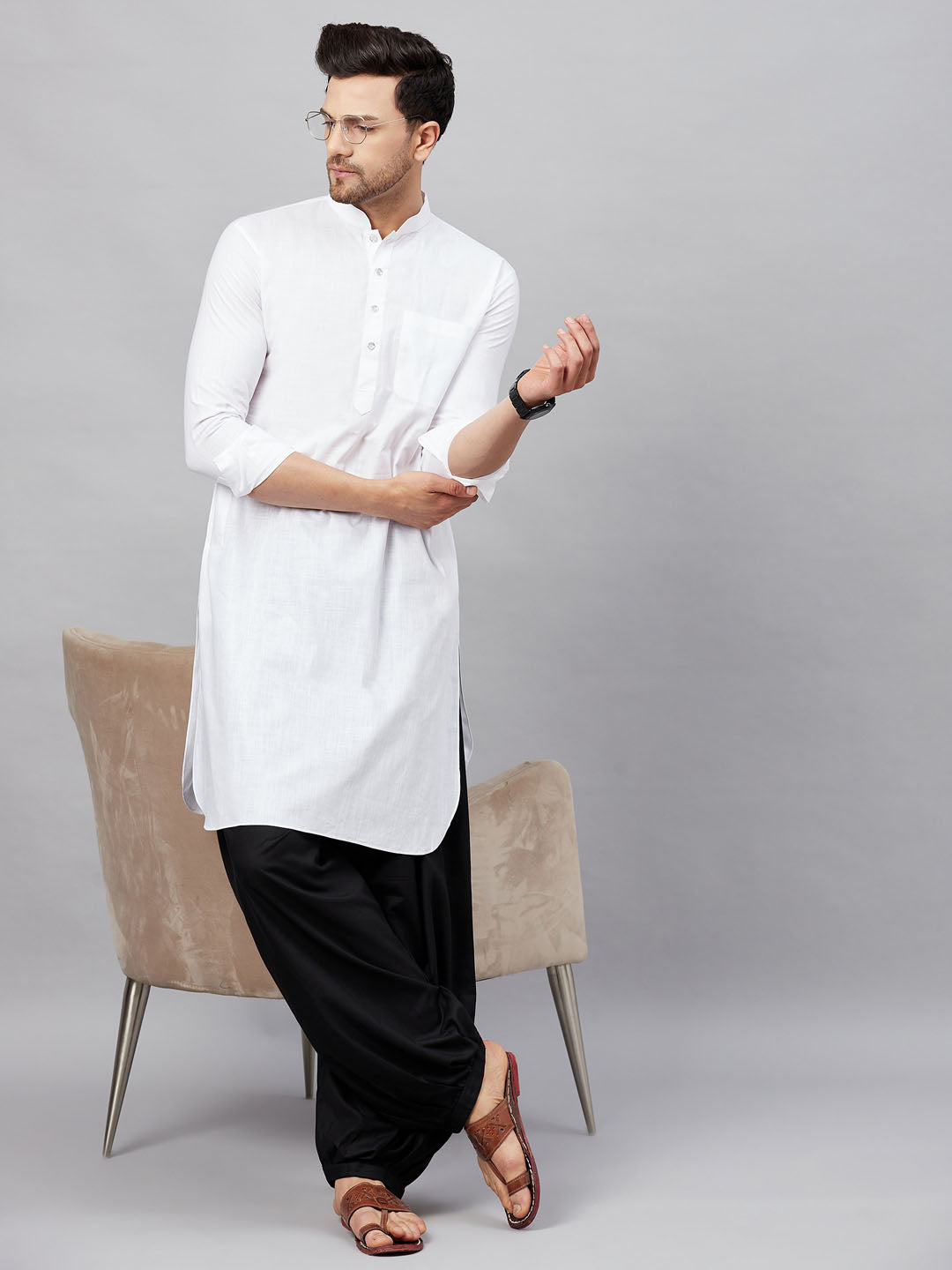 Vastramay Vastramay Men's White Cotton Blend Pathani Suit Set