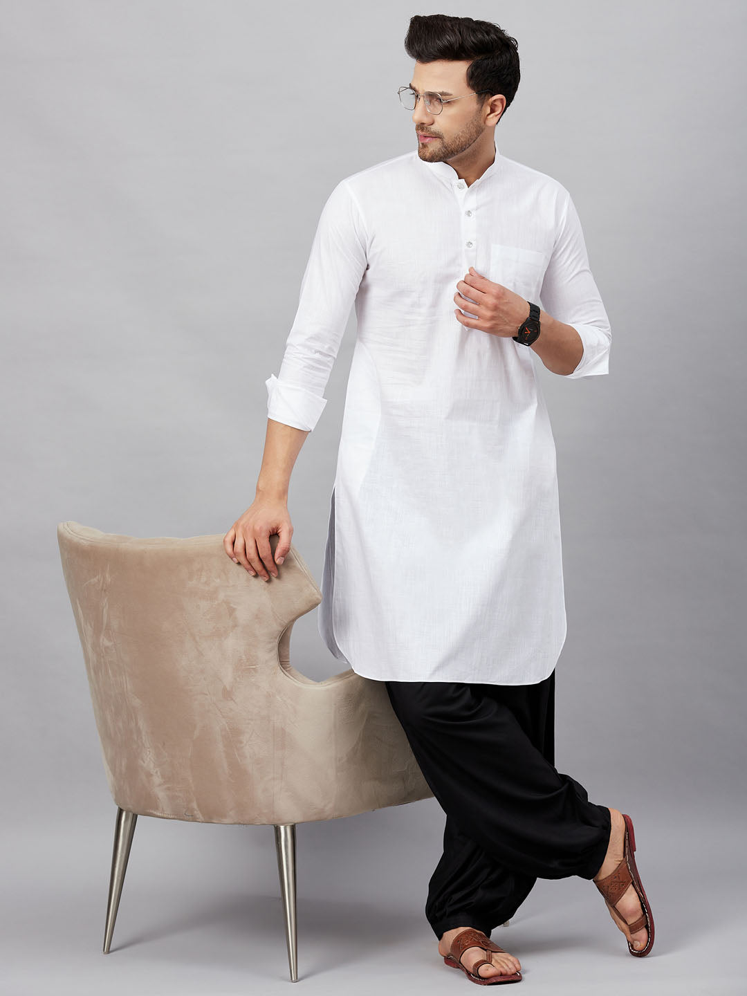 Vastramay Men's White Cotton Blend Pathani Suit Set