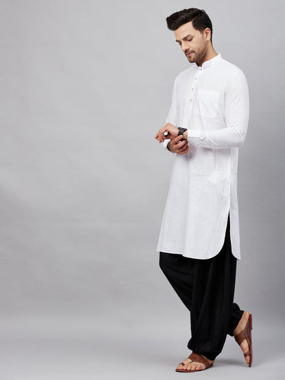 Vastramay Men's White Cotton Blend Pathani Suit Set