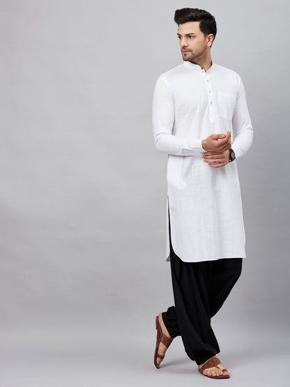 Vastramay Men's White Cotton Blend Pathani Suit Set