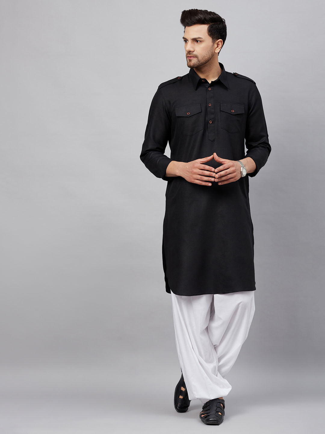 Vastramay mens black pathani suit set 1