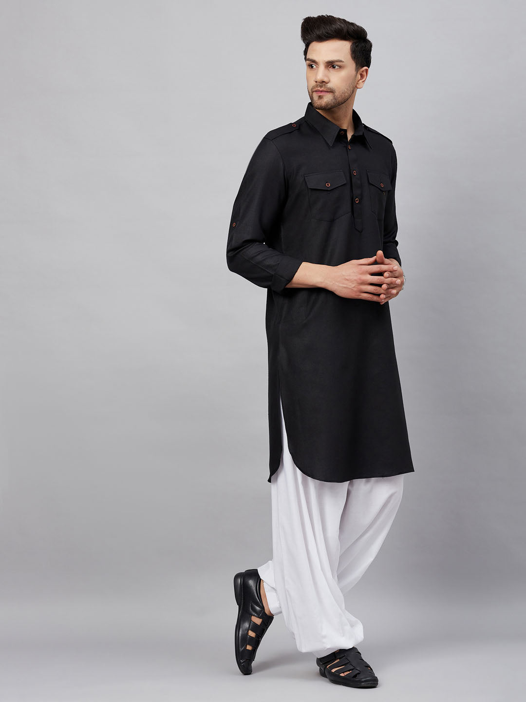 Vastramay mens black pathani suit set 1