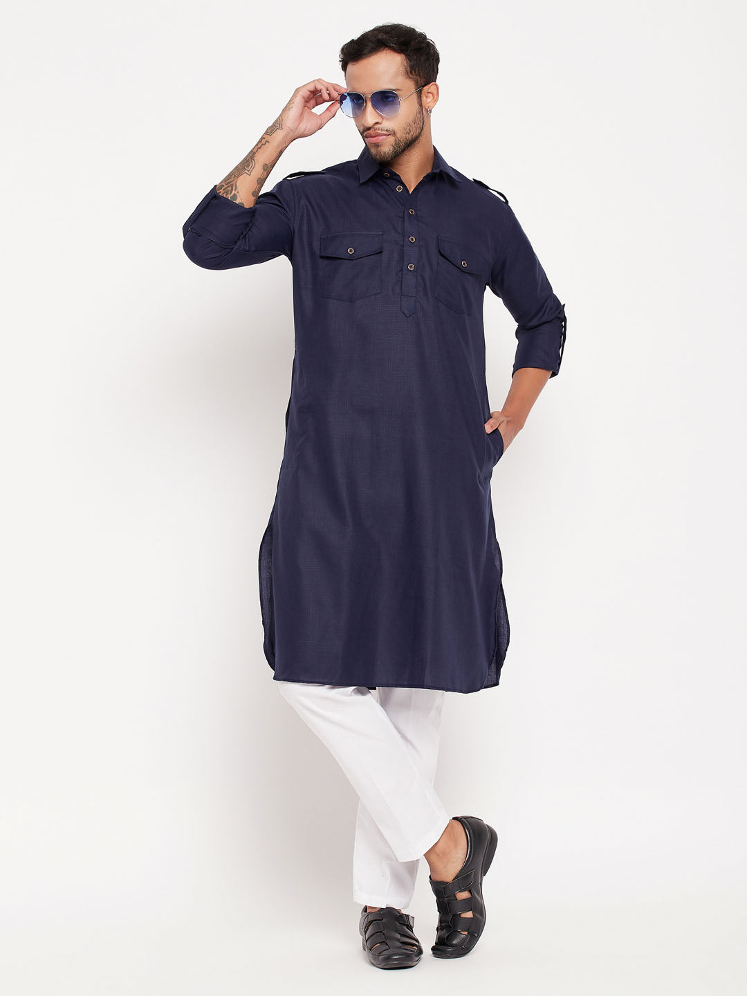 vastramay mens blue pathani suit with white pant set