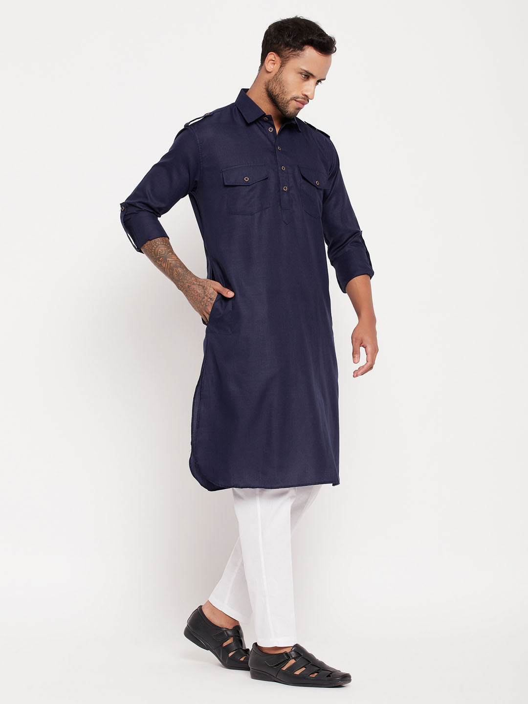 vastramay mens blue pathani suit with white pant set