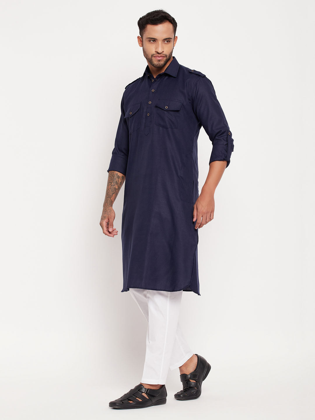 vastramay mens blue pathani suit with white pant set