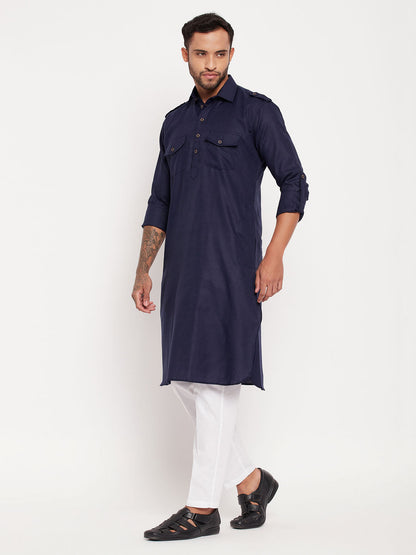 vastramay mens blue pathani suit with white pant set