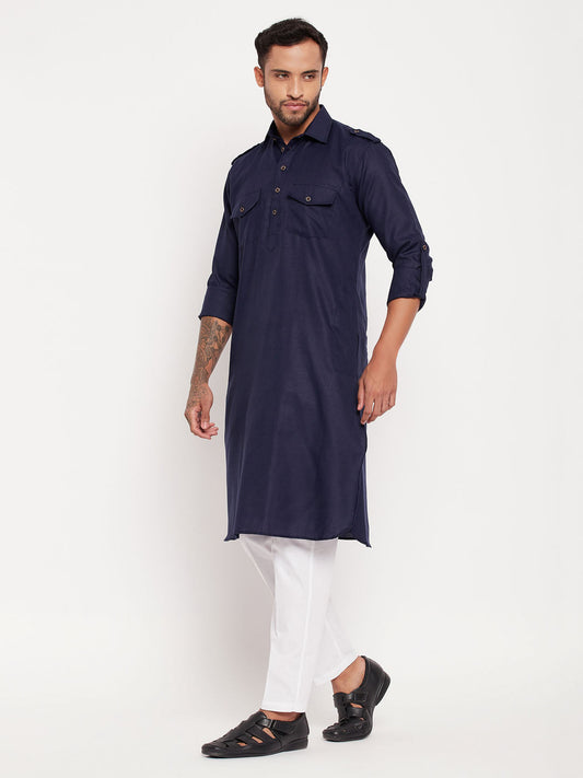 vastramay mens blue pathani suit with white pant set