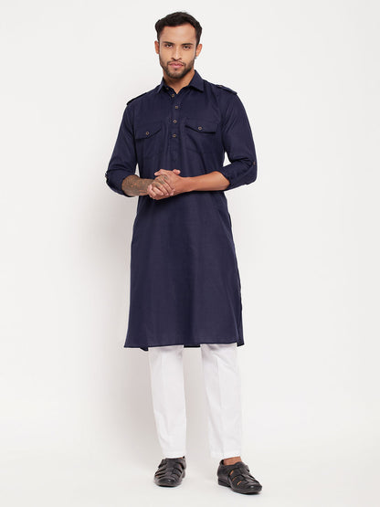 vastramay mens blue pathani suit with white pant set