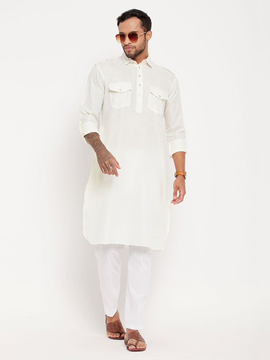 vastramay mens cream pathani suit with white pant set