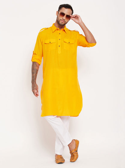 vastramay mens mustard pathani suit with white pant set