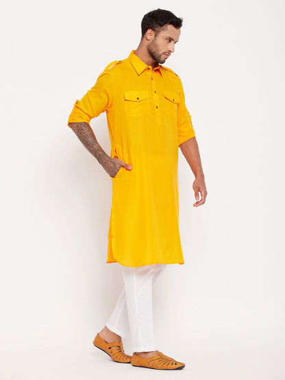 vastramay mens mustard pathani suit with white pant set