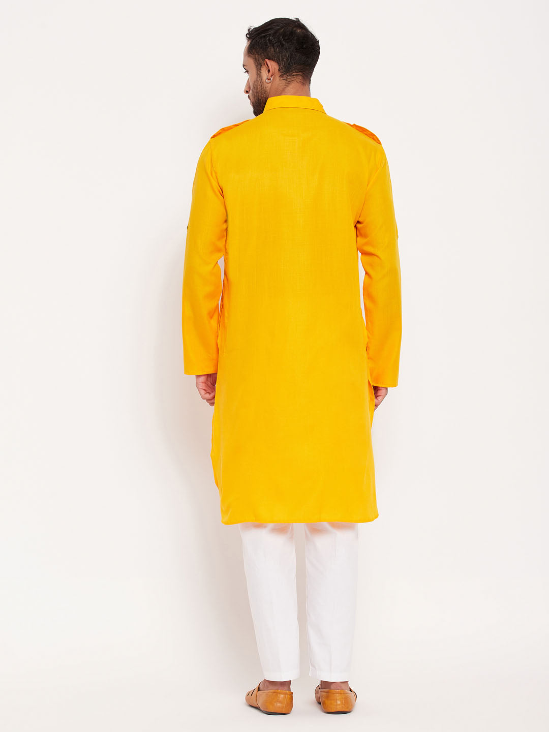 vastramay mens mustard pathani suit with white pant set