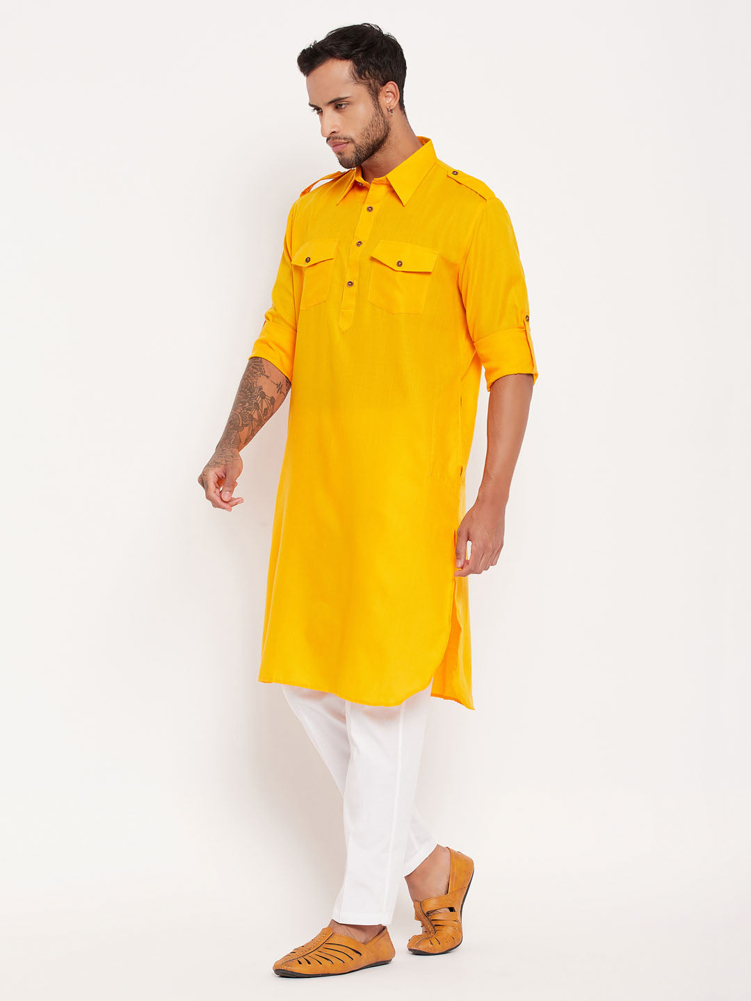 vastramay mens mustard pathani suit with white pant set