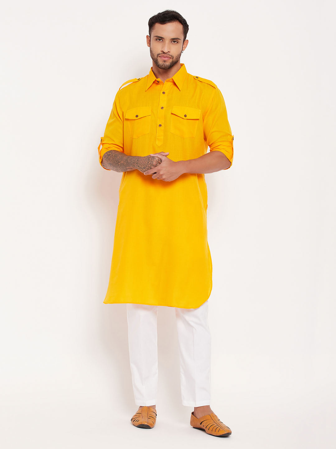 vastramay mens mustard pathani suit with white pant set