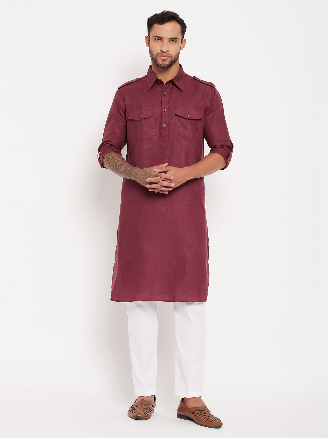 vastramay mens purple pathani suit with white pant set