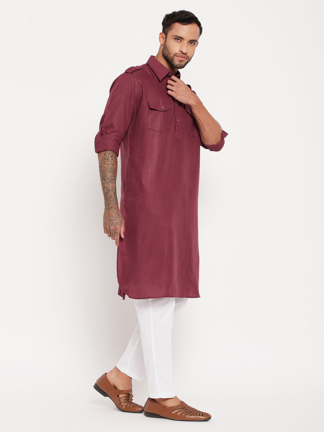 vastramay mens purple pathani suit with white pant set