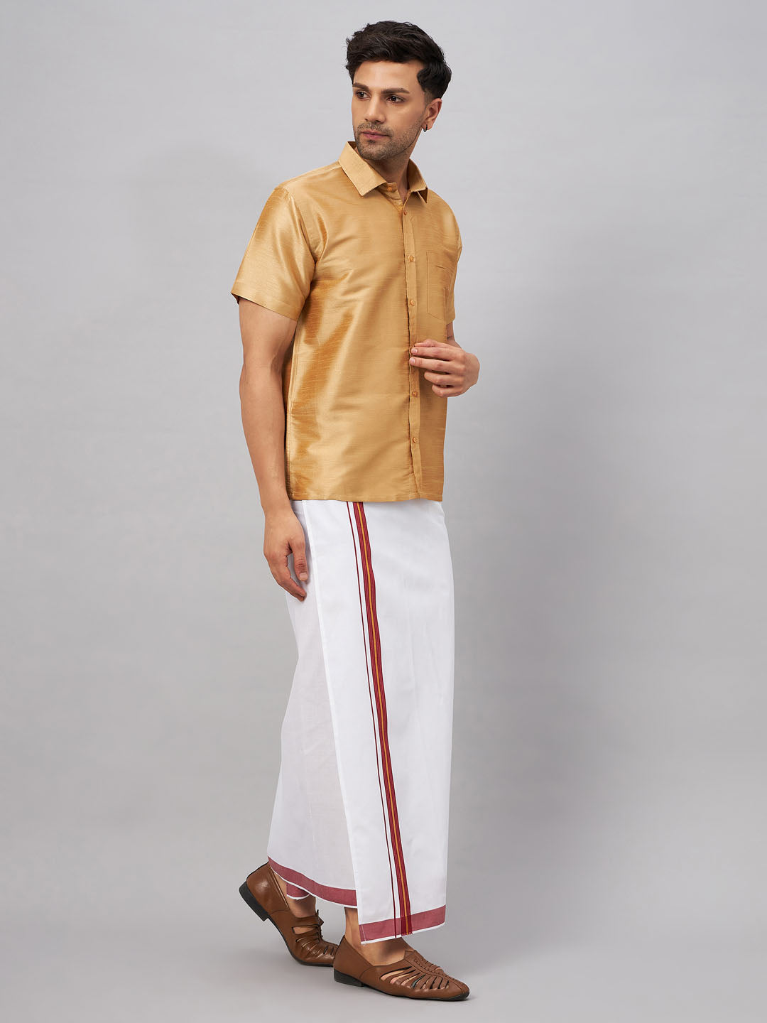 VASTRAMAY Men's Rose Gold And White Silk Blend Shirt And Mundu Set