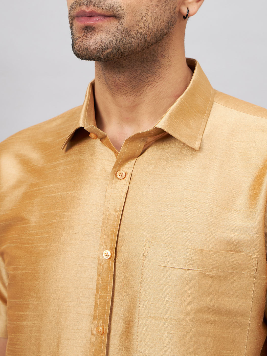 VASTRAMAY Men's Rose Gold And White Silk Blend Shirt And Mundu Set