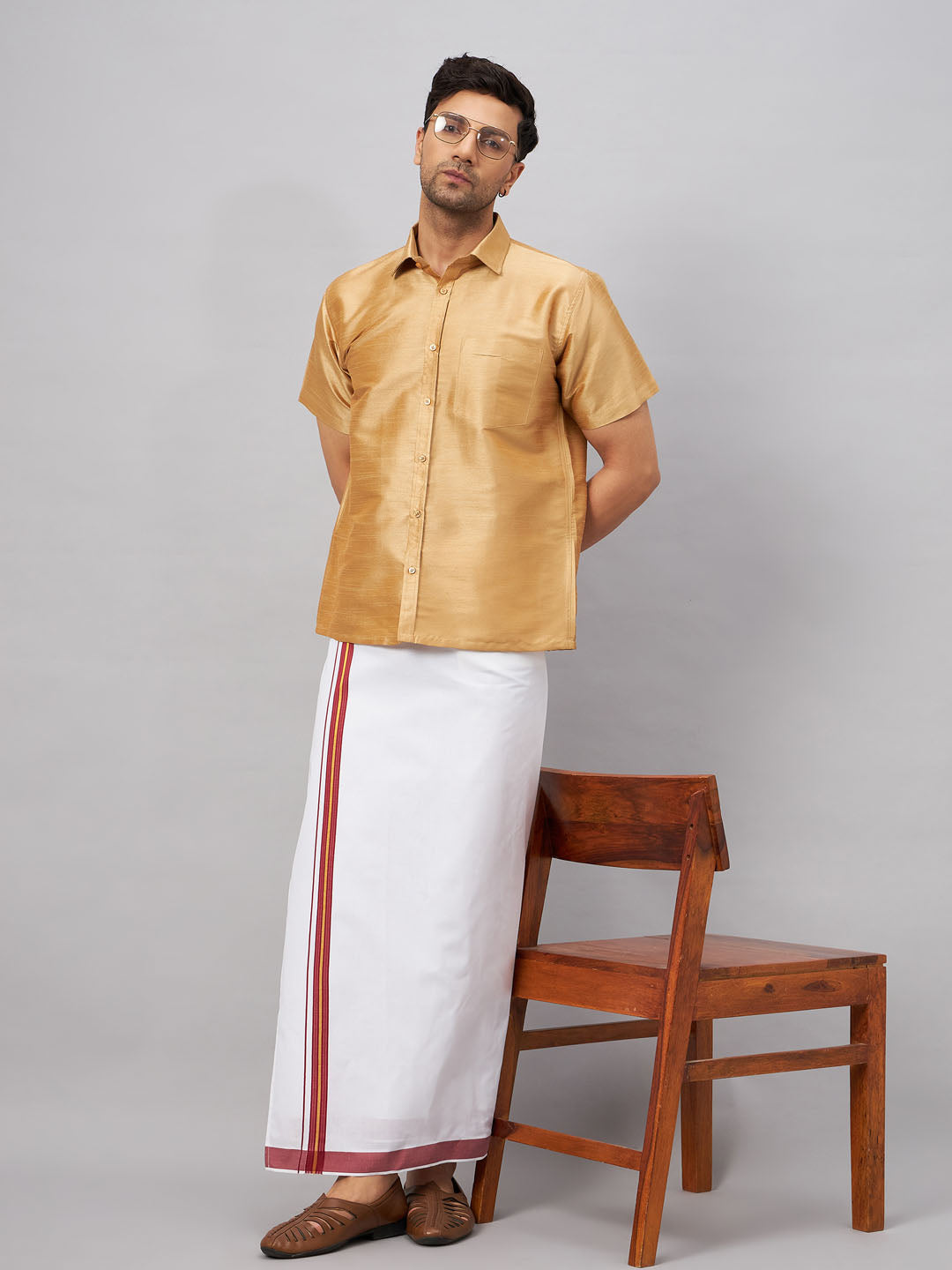 VM By VASTRAMAY Men's Rose Gold And White Silk Blend Shirt And Mundu Set