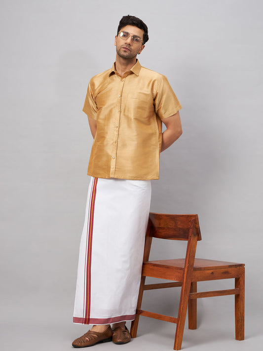 VM By VASTRAMAY Men's Rose Gold And White Silk Blend Shirt And Mundu Set