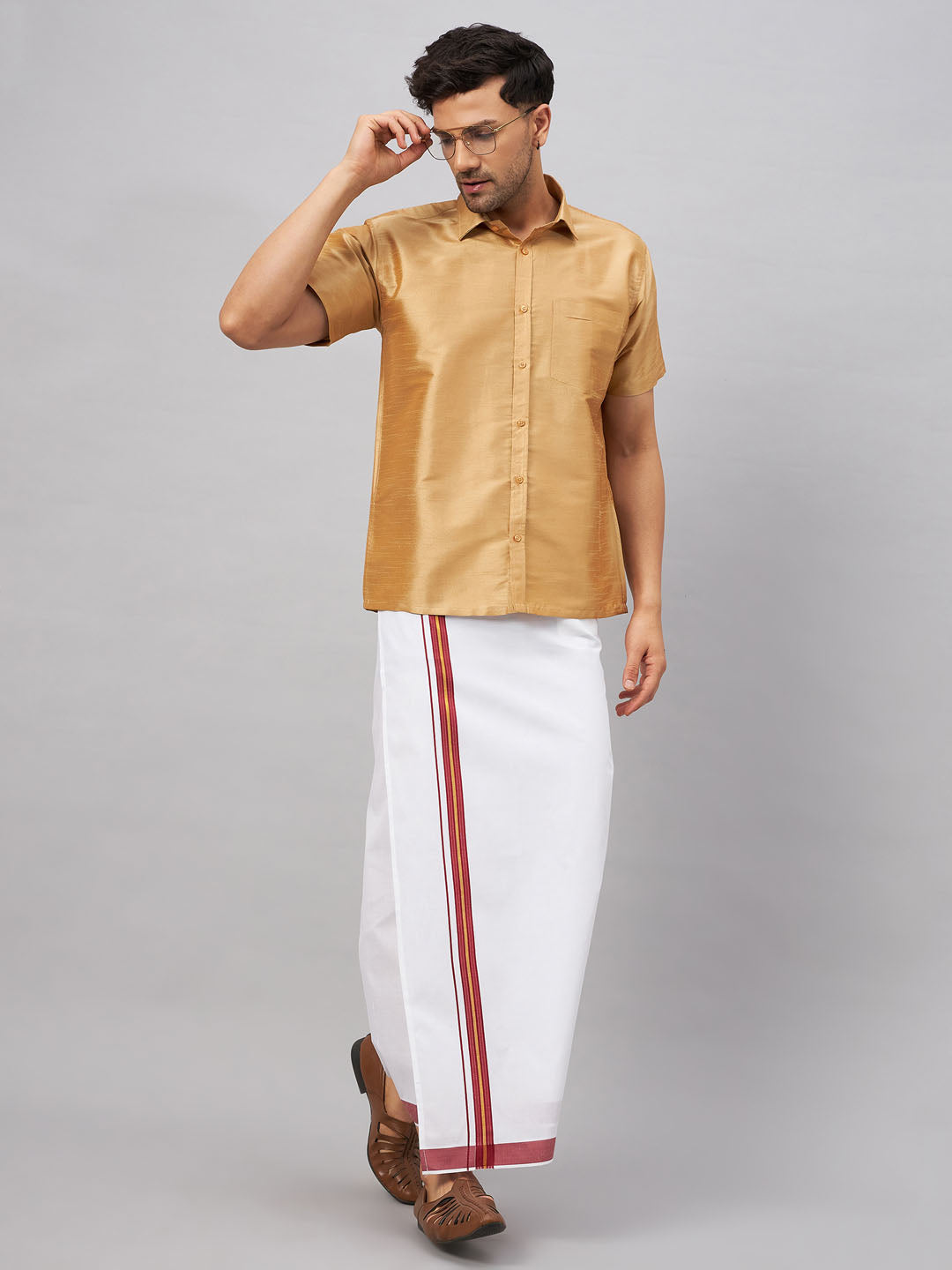 VASTRAMAY Men's Rose Gold And White Silk Blend Shirt And Mundu Set