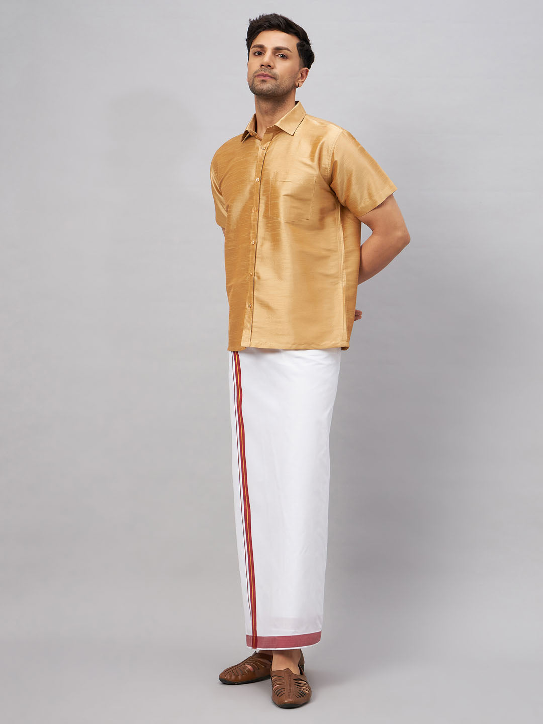 VASTRAMAY Men's Rose Gold And White Silk Blend Shirt And Mundu Set