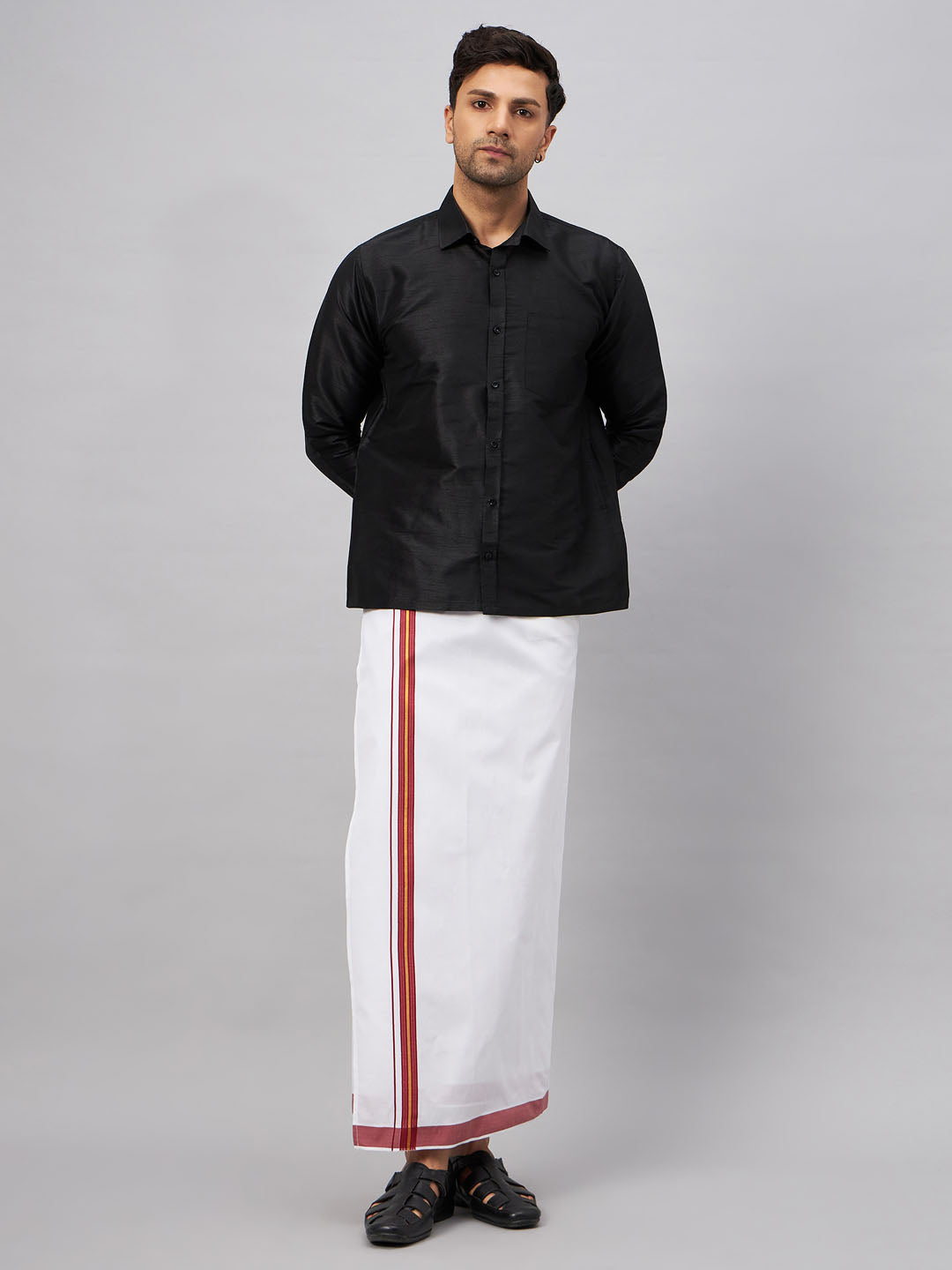 VASTRAMAY Men's Black And White Silk Blend Shirt And Mundu Set