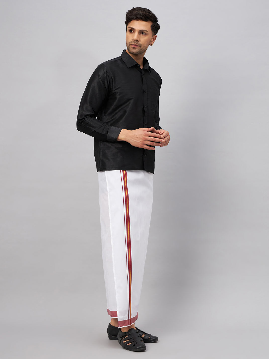 VASTRAMAY Men's Black And White Silk Blend Shirt And Mundu Set