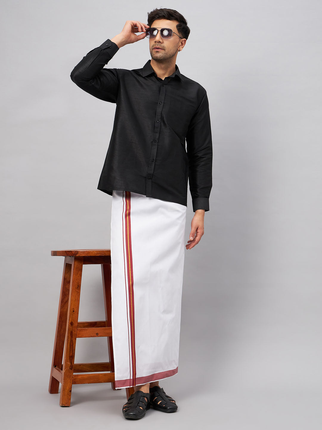 VM By VASTRAMAY Men's Black And White Silk Blend Shirt And Mundu Set