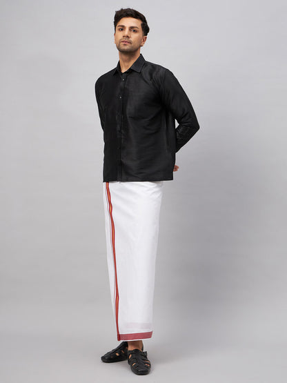 VASTRAMAY Men's Black And White Silk Blend Shirt And Mundu Set