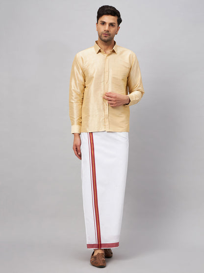 VASTRAMAY Men's Gold And White Silk Blend Shirt And Mundu Set