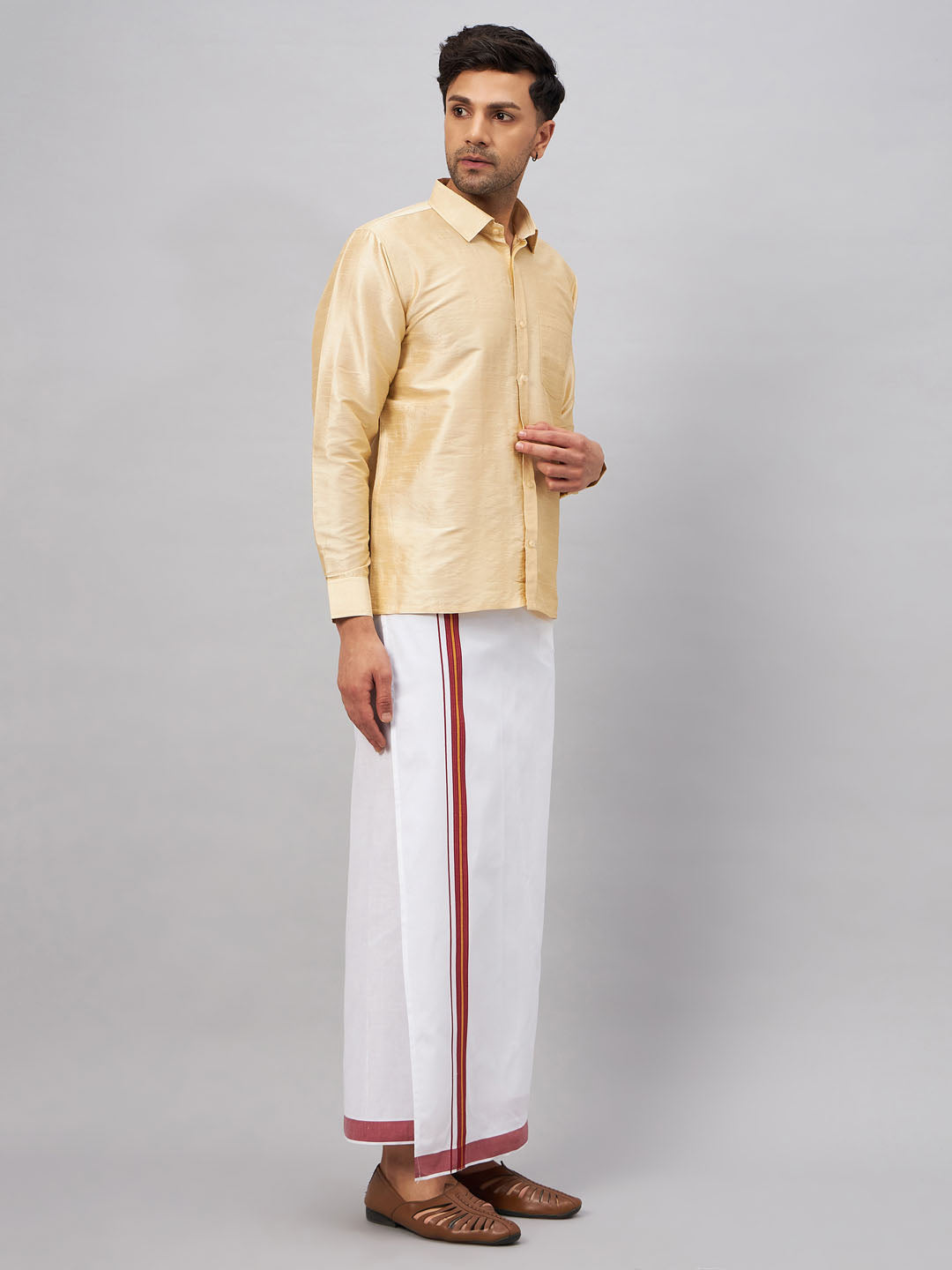 VASTRAMAY Men's Gold And White Silk Blend Shirt And Mundu Set