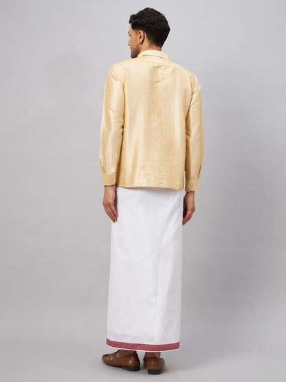 VASTRAMAY Men's Gold And White Silk Blend Shirt And Mundu Set