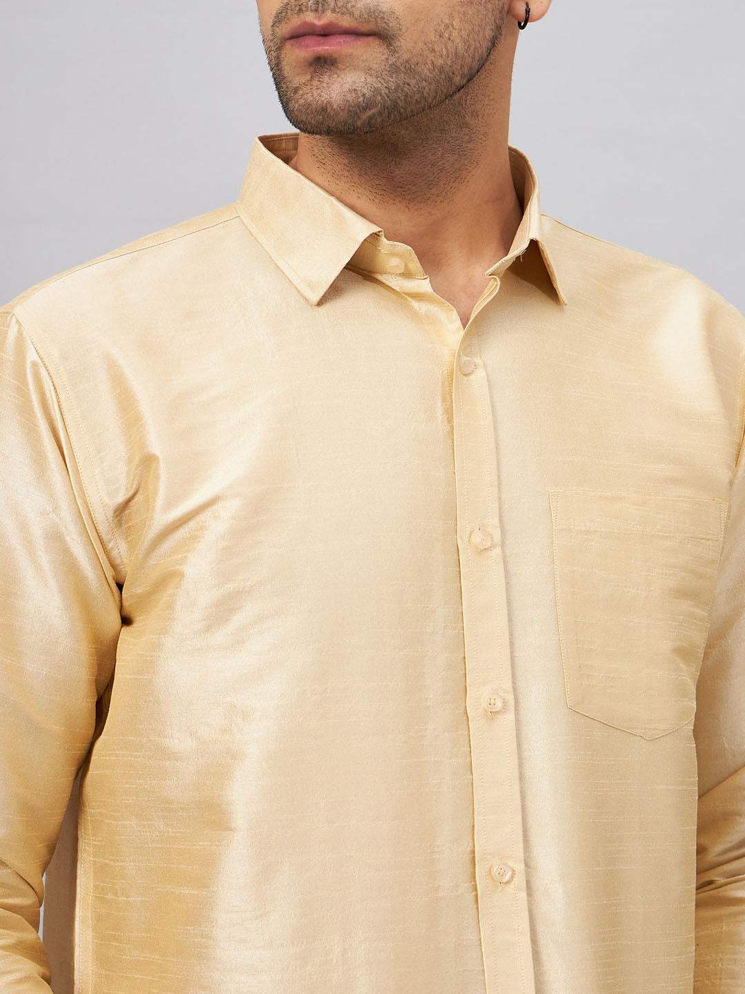 VASTRAMAY Men's Gold And White Silk Blend Shirt And Mundu Set