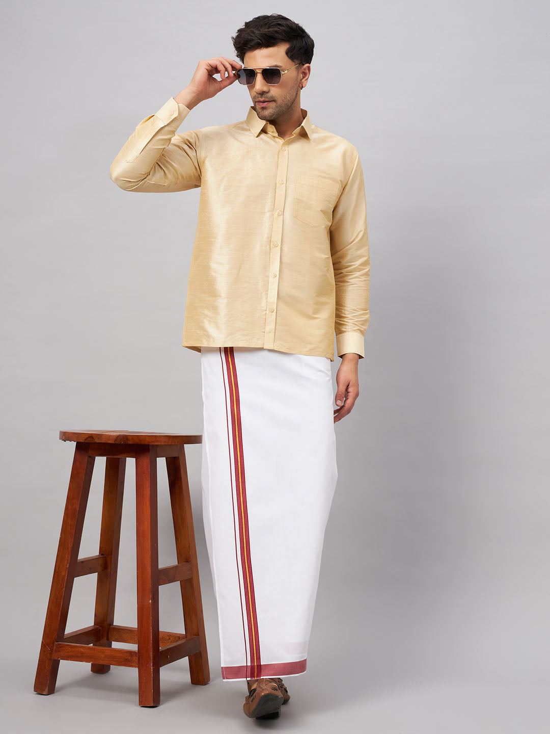 VM By VASTRAMAY Men's Gold And White Silk Blend Shirt And Mundu Set