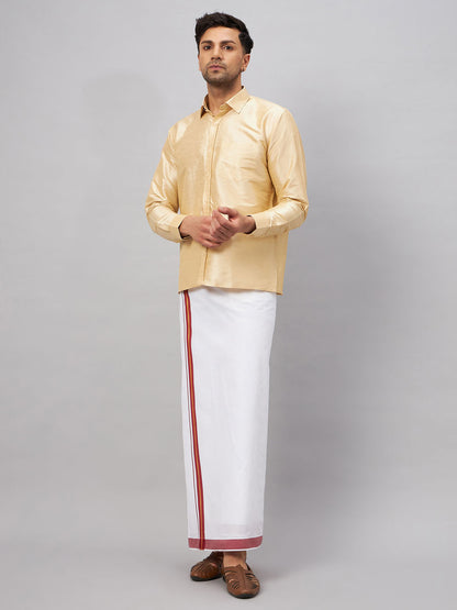 VASTRAMAY Men's Gold And White Silk Blend Shirt And Mundu Set