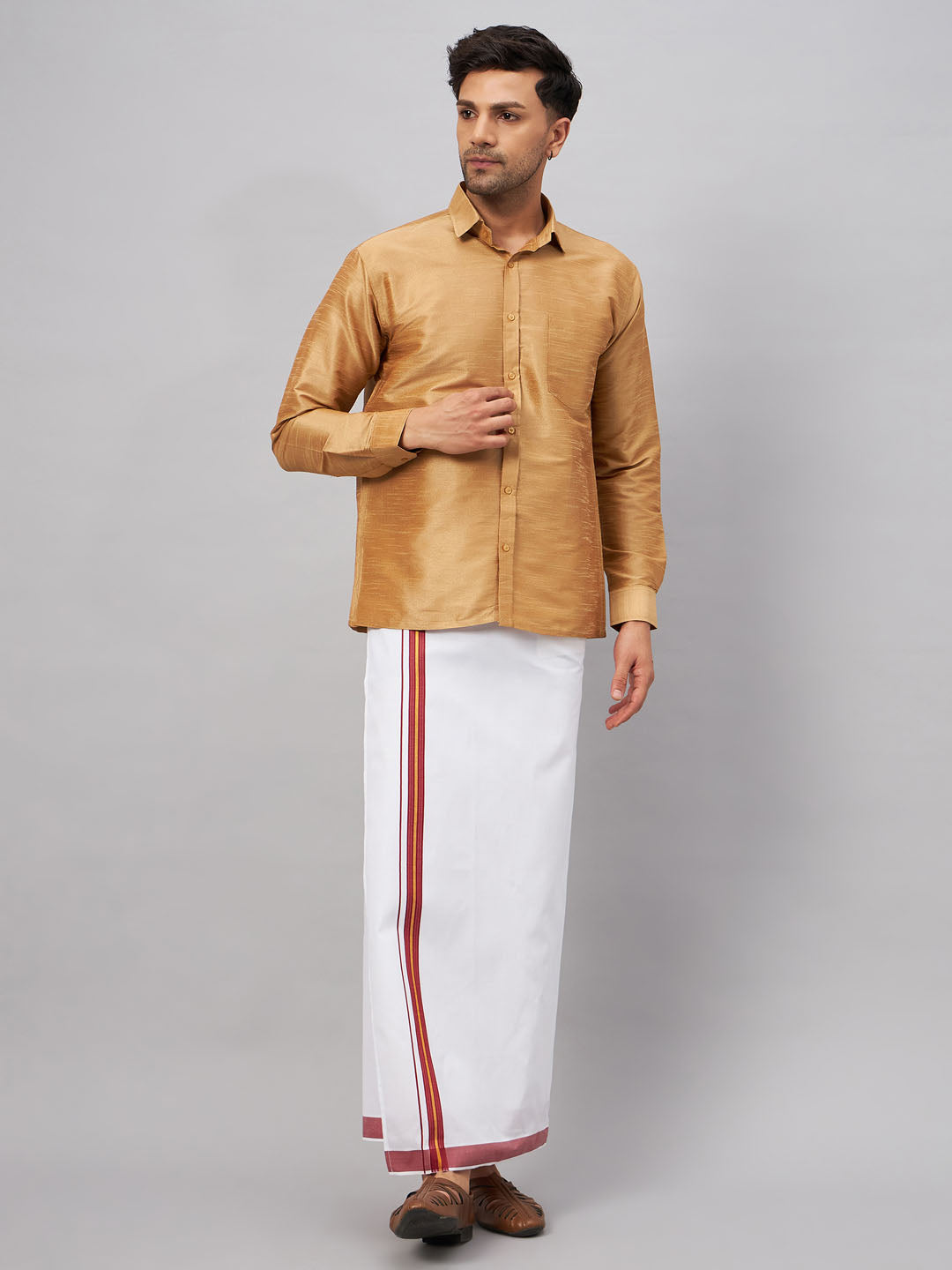 VASTRAMAY Men's Rose Gold & White Silk Blend Shirt And Mundu Set