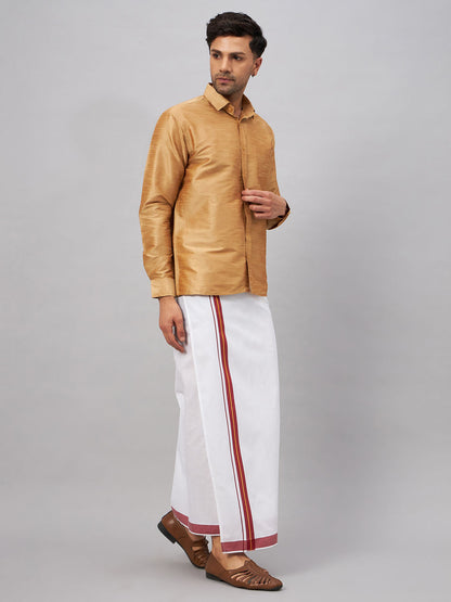 VASTRAMAY Men's Rose Gold & White Silk Blend Shirt And Mundu Set