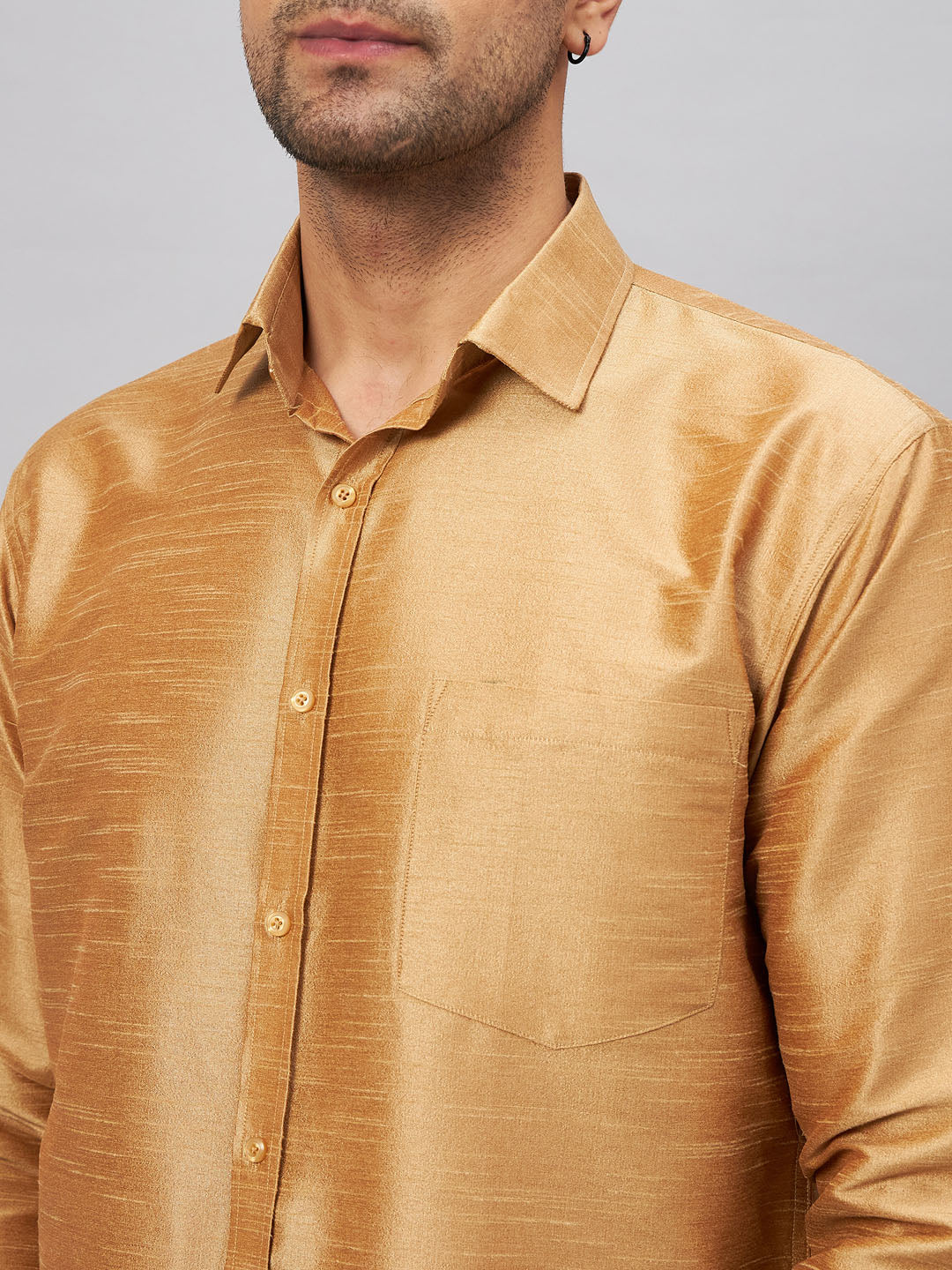 VASTRAMAY Men's Rose Gold & White Silk Blend Shirt And Mundu Set