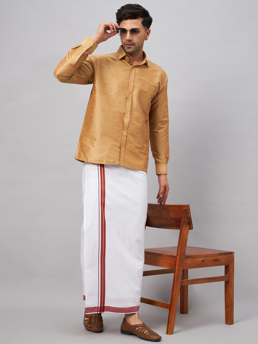 VM By VASTRAMAY Men's Rose Gold & White Silk Blend Shirt And Mundu Set