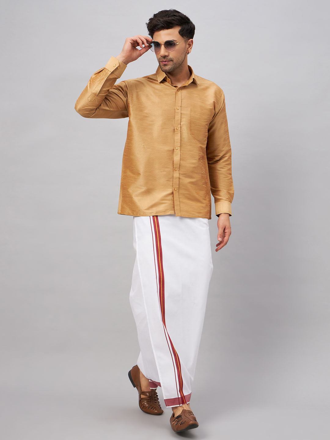 VASTRAMAY Men's Rose Gold & White Silk Blend Shirt And Mundu Set