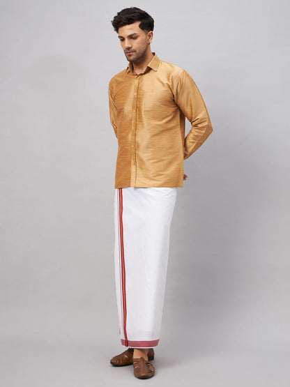 VASTRAMAY Men's Rose Gold & White Silk Blend Shirt And Mundu Set